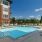 a swimming pool with seating