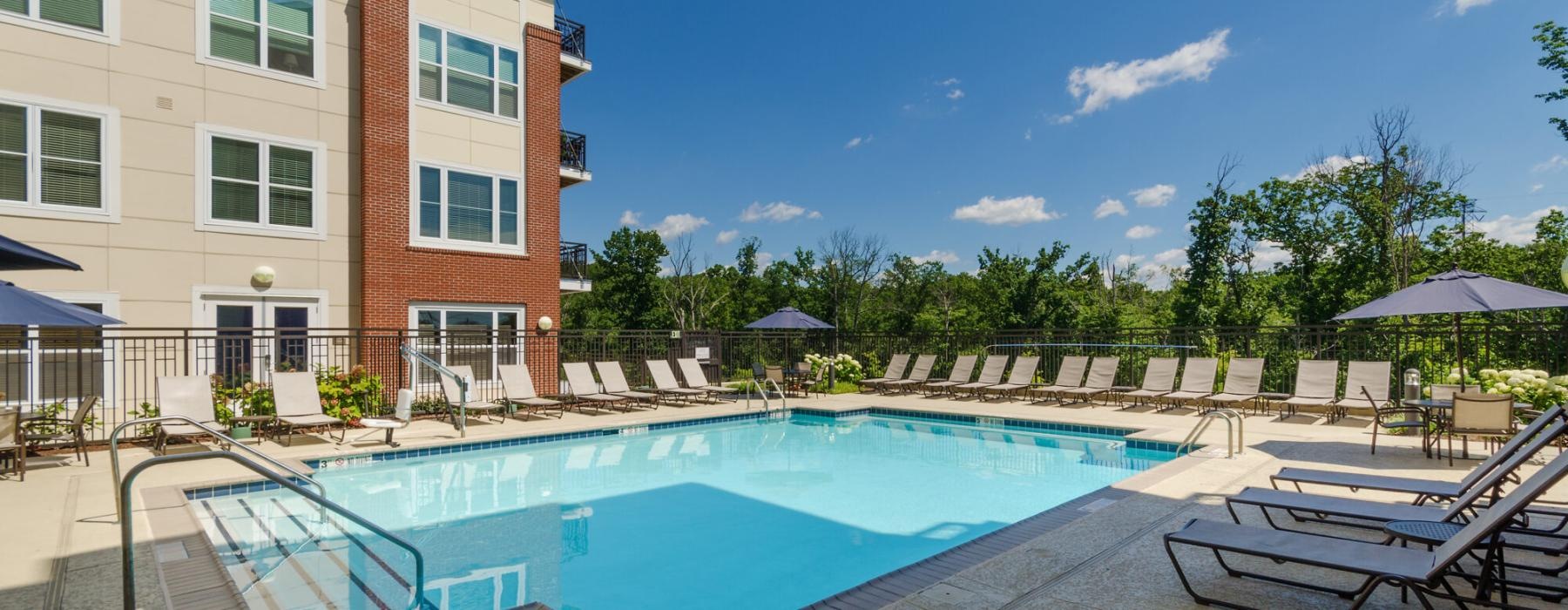 a swimming pool with seating